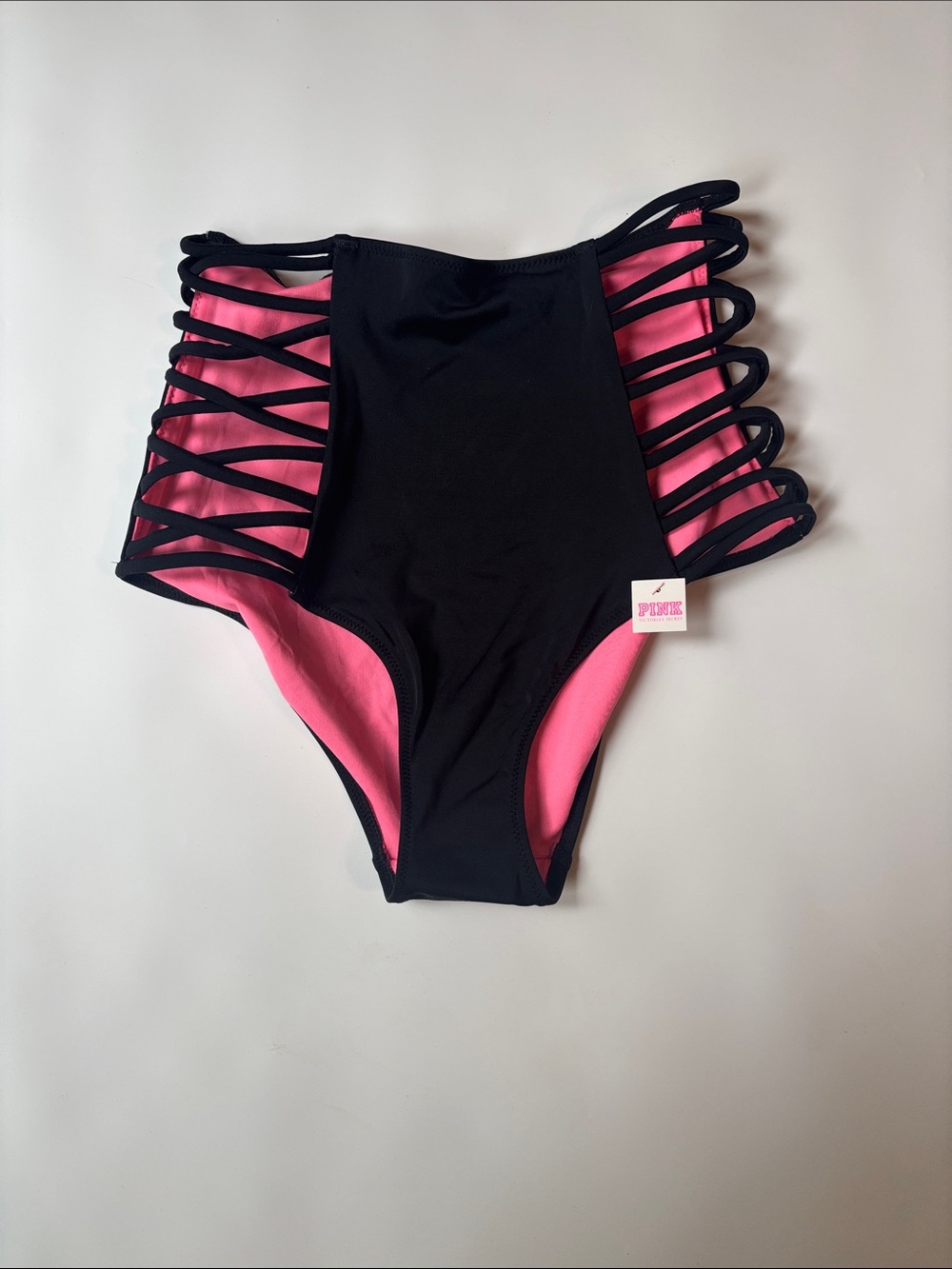 PINK Victoria's Secret Black and Pink High-Waist Strappy Bikini Bottoms